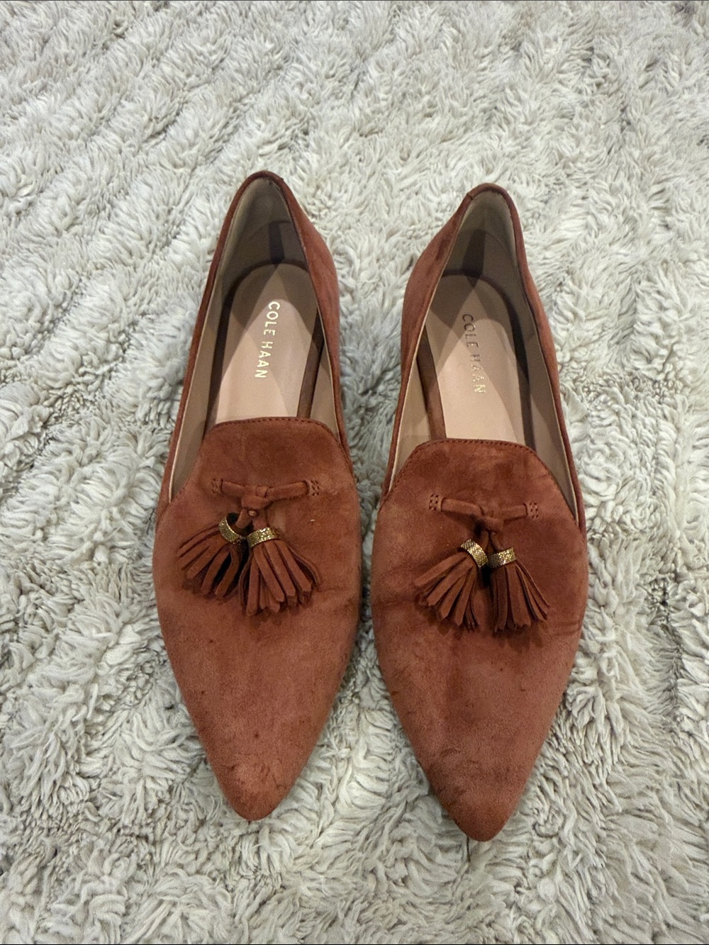 Cole Haan Rust Suede Pointed Tassel Loafers